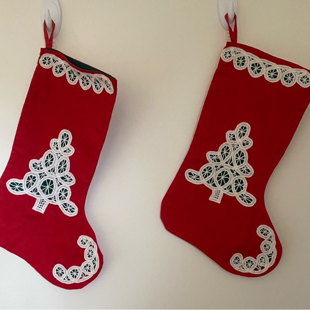 Christmas Stockings 100% Cotton w./ Handmade Battenberg Lace, Set Of Two